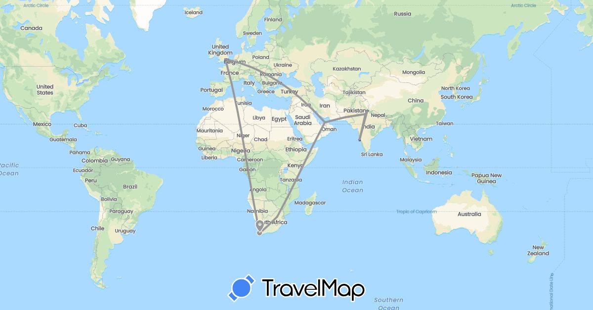 TravelMap itinerary: driving, plane in United Arab Emirates, United Kingdom, India, South Africa (Africa, Asia, Europe)